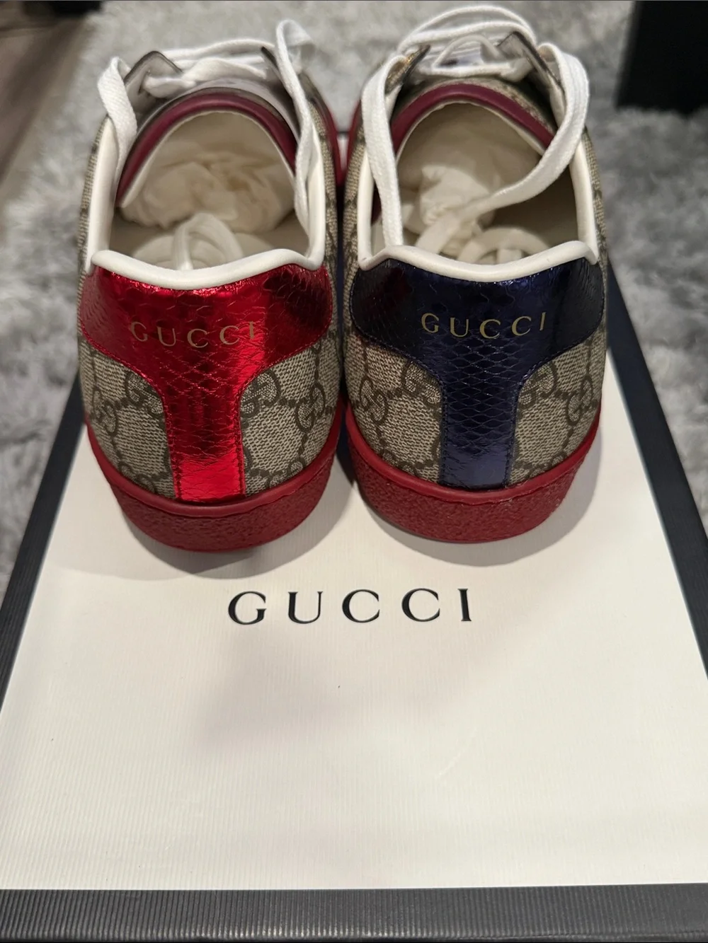 Gucci Beige GG Canvas Sneakers with Red & Navy Web